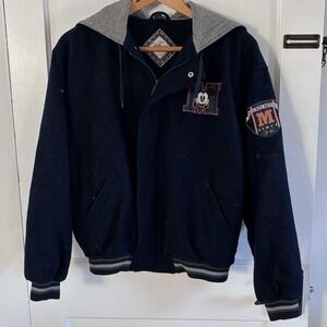 Vintage Disney Store Mickey Jacket Mens M Navy Varsity W Zip Flap Hood 90s 1990s